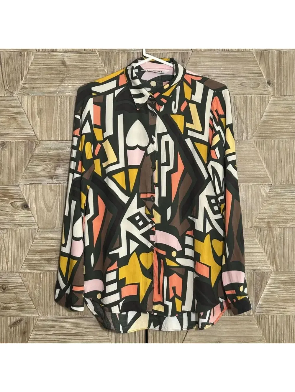 Big Dart Abstract Geometric Print Button-Up Blouse Size 10 Colorful Art-to-Wear